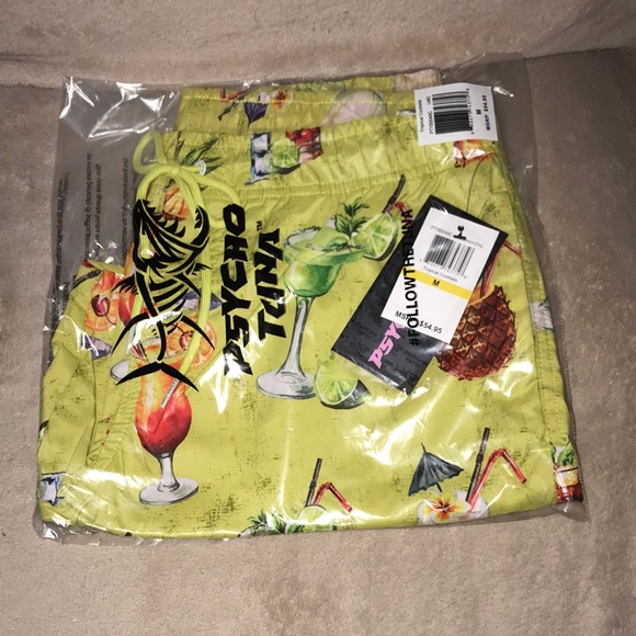 Psycho Tuna medium Lemon drop tropical cocktails swim trunks New - Picture 6 of 7